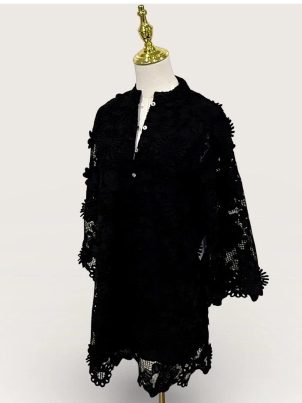 J.Marie Seraphina Shift Dress X-Small Black Floral 3D Lace 3/4 Sleeve Kaftan NWT - Picture 13 of 16